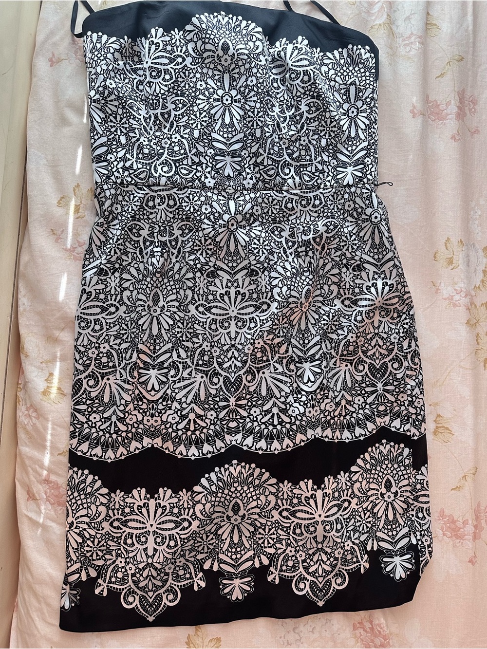 White House Black Market Strapless Black and White Lace-Print Sheath Dress